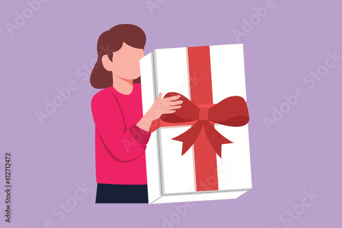Cartoon flat style drawing portrait of energetic crazy girl hold hug get big white gift box with red ribbon enjoy anniversary event party. Happy woman with big box. Graphic design vector illustration