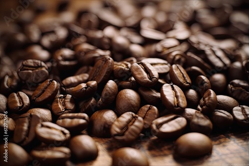Close up Stock Photo of Coffee Beans on Table. Aromatic Roasted Espresso in Dark Roast Arabica Beans in Coffee Shop