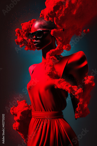 black woman in red dress with red smoke and clouds in front of a dark background with a blue electric light, generative ai