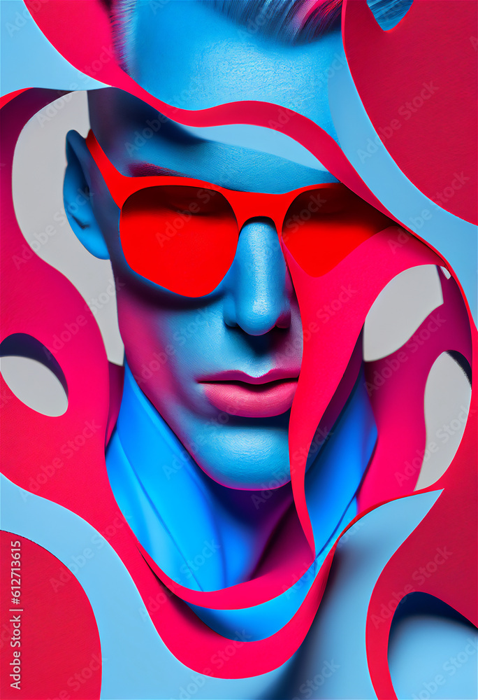 portrait of a Fashionable male model with a fantastic blue make-up and abstract red glasses, and colorful artistic shapes all around, Generative Al portrait of a Fashionable male model with a fantastic blue make-up and abstract red glasses, and colorful artistic shapes all around, Generative Al
