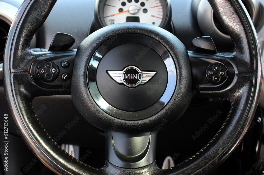 Vinnytsia, Ukraine; June 10, 2023. Close up Mini Cooper S steering