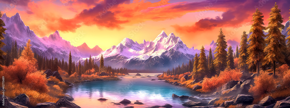 beautiful fairytale landscape at sunset, mountains, lake and forests, banner, made with Generative AI