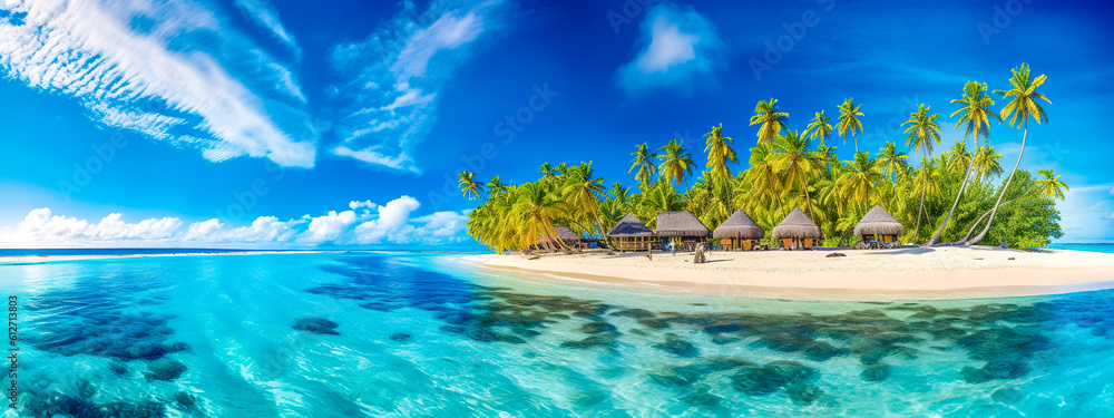 exotic paradise island with sandy beach and palm trees in the blue ocean, banner with copy space, made with Generative AI
