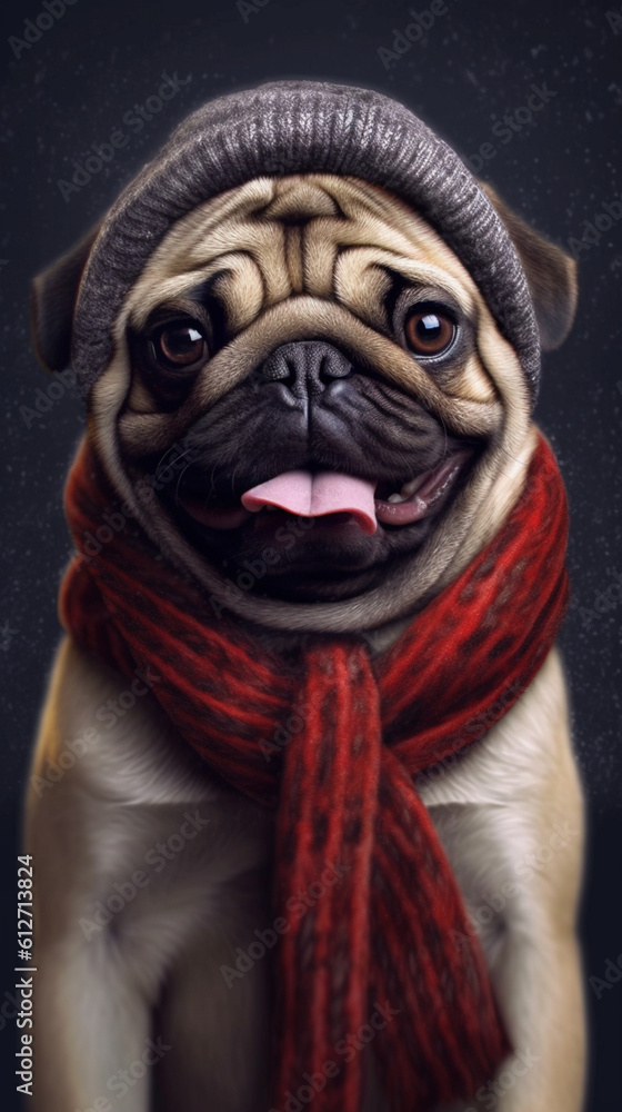 Pug dog puppy with a scarf front view portrait
