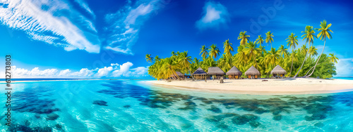 exotic paradise island with sandy beach and palm trees in the blue ocean, banner with copy space, made with Generative AI © edojob