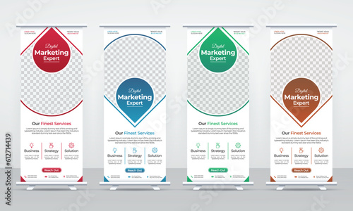 Creative business roll up banner stand template, modern, creative, clean layout design using geometric shapes, ready to print, easy to use and edit, 4 colorful sets free.