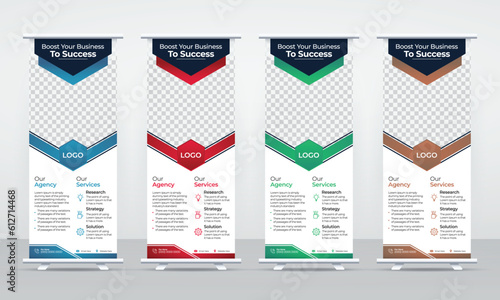 Colorful business roll up banner stand template for advertising and promotional purposes, modern corporate layout design using abstract shapes, 4 sets of vertical roll up banner stand.