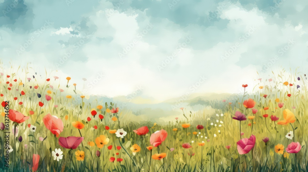 Illustration of a flower meadow in spring. Generative AI