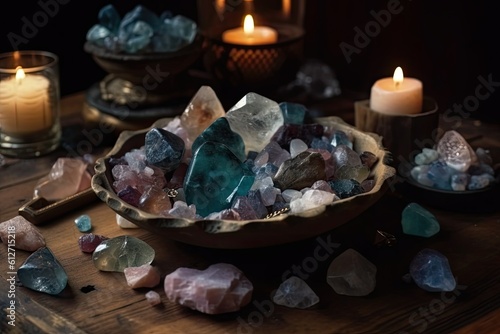Gemstones in bowl and on table with lights