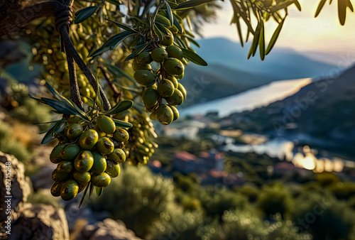 olives ripening on a branch with a rocky mountain background, generative ai