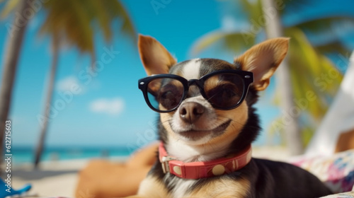 Chihua Hua dog on the beach, Hawaiian style, Summer beach and recreation, beach background, Relaxing on the beach, Dogs on vacation, AI generated © EltaMax99