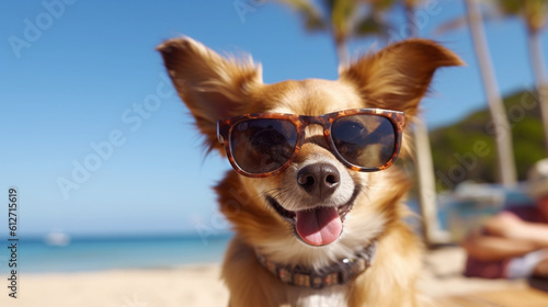 Chihua Hua dog on the beach, Hawaiian style, Summer beach and recreation, beach background, Relaxing on the beach, Dogs on vacation, AI generated © EltaMax99