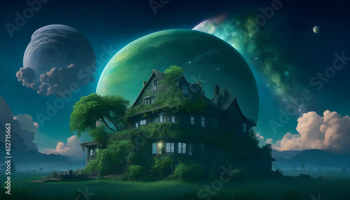 Big green planet with a round of trees by the house