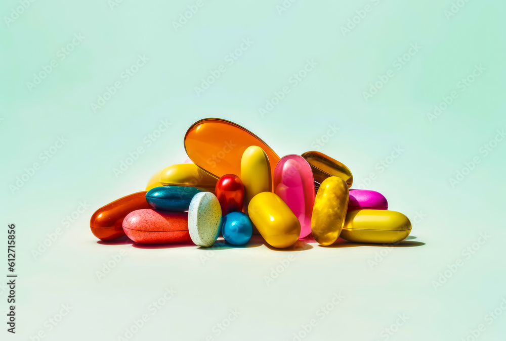 colorful pills and capsules are in an arrangement on light background, generative ai colorful pills and capsules are in an arrangement on light background, generative ai