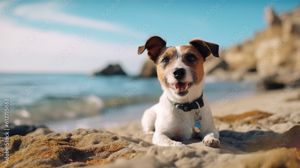 Jack Russell Terrier dog on the beach, Hawaiian style, Summer beach and recreation, beach background, Relaxing on the beach, Dogs on vacation, AI generated