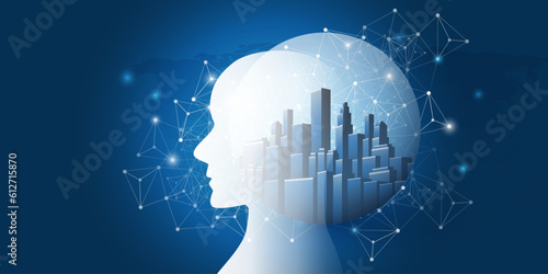 Blue 3D Smart City Machine Learning, Artificial Intelligence and Neural Networking Design Concept with Human or Robot Head Silhouette, Polygonal Network Mesh, Cluster, Connections to the Brain Center