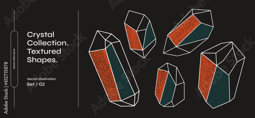 Set of crystals drawn with thin lines and covered with textures. Set of gems or minerals. Collec􀆟on of irregular geometric shapes on a dark isolated background. Graphic elements for your design.