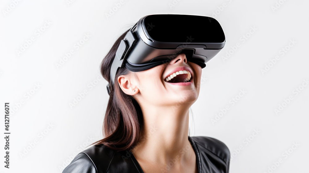 A 30-year-old smiling woman using virtual reality glasses A 30-year-old smiling woman using virtual reality glasses