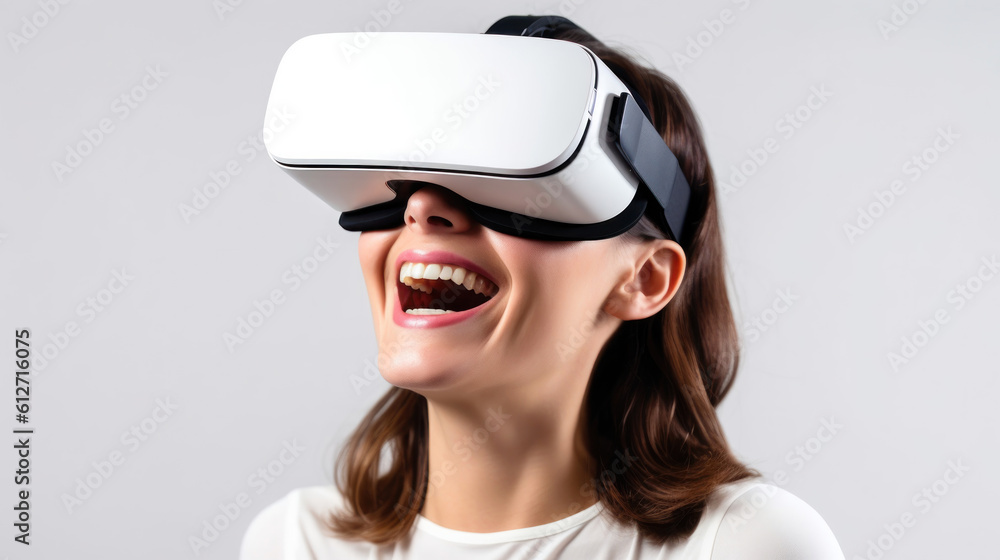 A 30-year-old smiling woman using virtual reality glasses A 30-year-old smiling woman using virtual reality glasses