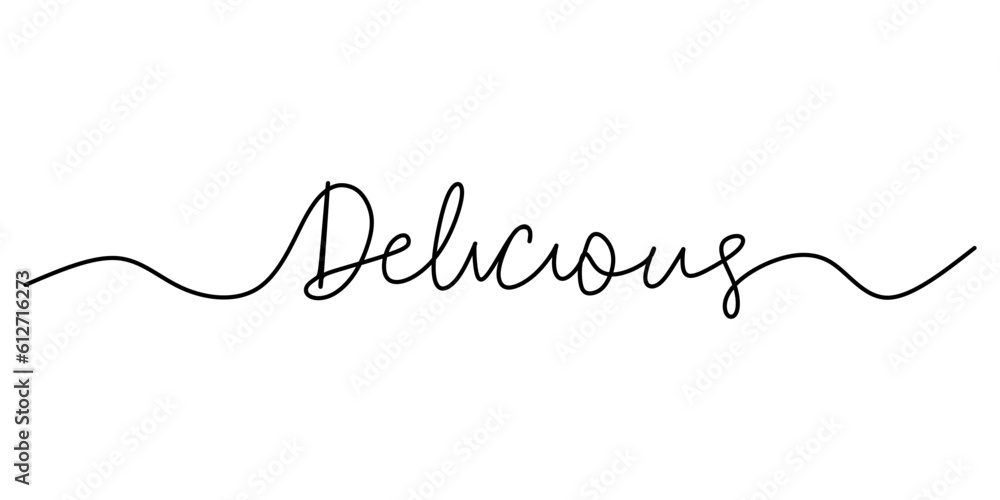 One continuous line drawing typography line art of delicious word writing isolated on white background.