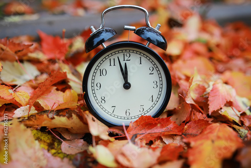 alarm clock on autumn leaves on natural background