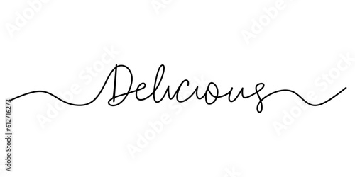One continuous line drawing typography line art of delicious word writing isolated on white background.