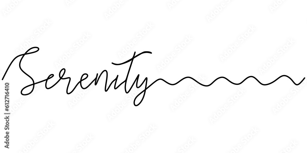 One continuous line drawing typography line art of serenity word writing isolated on white background. One continuous line drawing typography line art of serenity word writing isolated on white background.