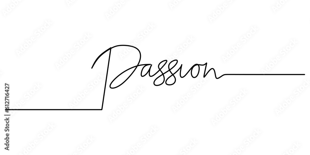 One continuous line drawing typography line art of passion word writing isolated on white background. One continuous line drawing typography line art of passion word writing isolated on white background.