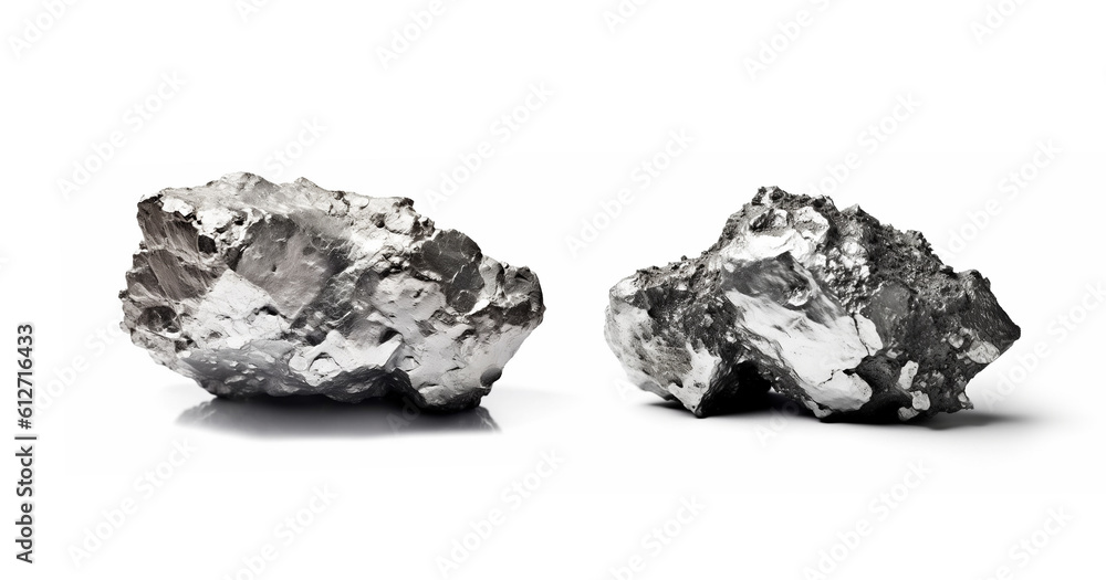 Silver stones set white background isolated closeup, iron mine nugget collection, gray metallic rock samples texture, raw metal ore pieces, group shiny grey lumps, natural mineral chunk,