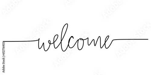 One continuous line drawing typography line art of welcome word writing isolated on white background.