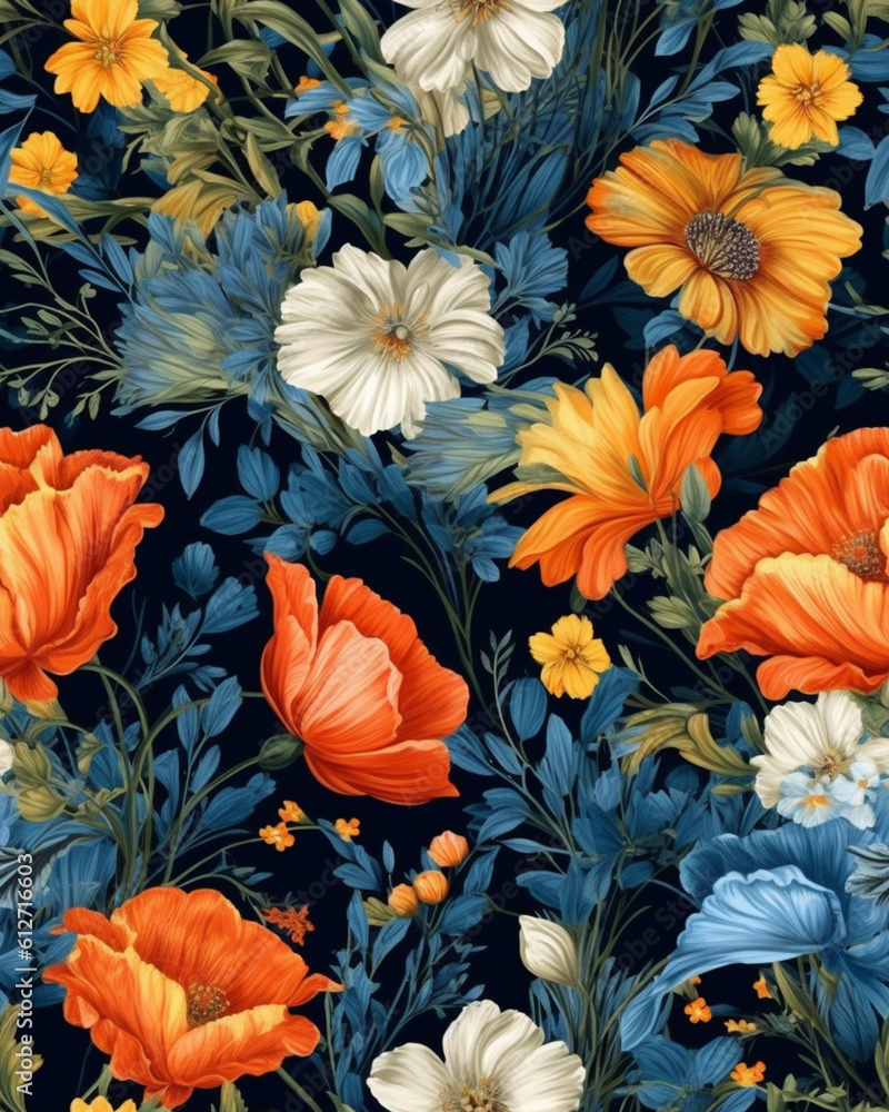 Wallpaper tileable pattern of flowers created with Generative AI technology Wallpaper tileable pattern of flowers created with Generative AI technology
