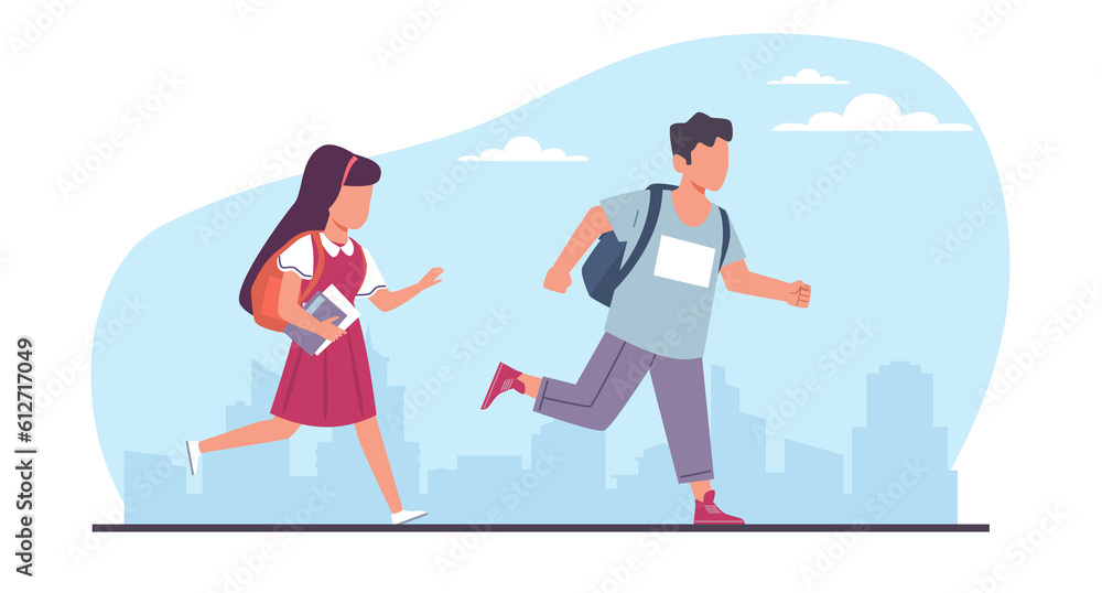 Boy and girl students are late to school for class. Children running with backpack, joyful hurrying pupils, hasten character active pose, cartoon flat style isolated illustration. png concept Boy and girl students are late to school for class. Children running with backpack, joyful hurrying pupils, hasten character active pose, cartoon flat style isolated illustration. png concept