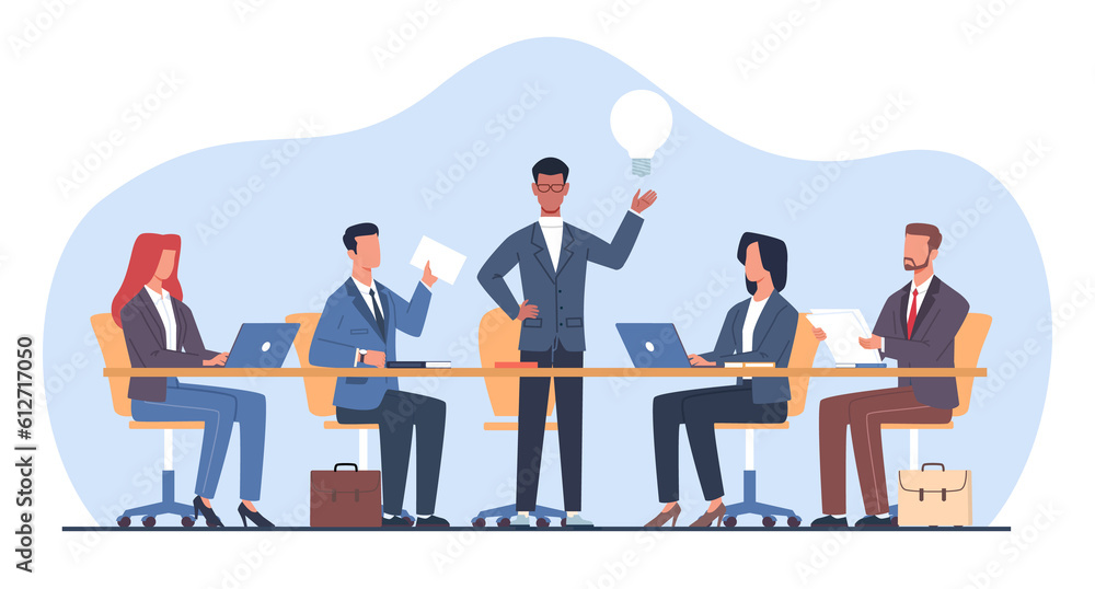 Business meeting at large table in office under direction of head of company. Mean and women in office workplace. Teamwork employee. Cartoon flat illustration. png brainstorming concept