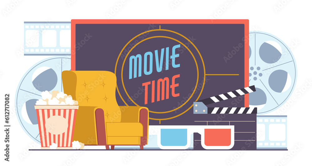 Fototapeta premium Online movie theater concept, tv screen and armchair, popcorn and 3D glasses. Video film watching, internet entertainment show, cartoon flat illustration. png cinematography concept
