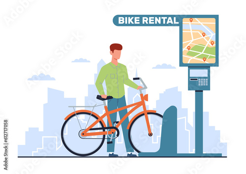 Bicycle rental service, guy rents bike. Bike parking. Ecological urban transport, man cycling. City navigation app. Vehicle sharing, eco lifestyle. Cartoon flat isolated png concept