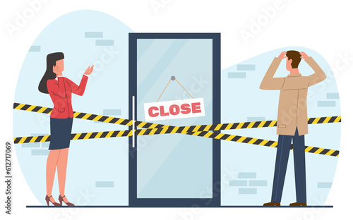 Canvas Print Disturbed man and woman stand near closed door in bewilderment