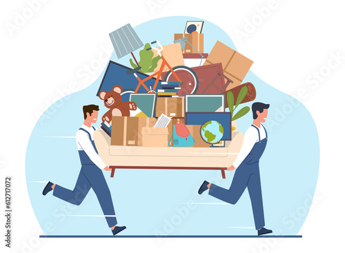 Two male movers carry couch with cardboard boxes, flower, pictures and books, fast moving service. Transportation and relocation company. Cartoon characters flat isolated png concept