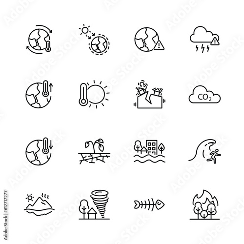 Set of greenhouse effect,  climate change icons, Global warming effect , earthquake, flooding, extreme temperature, ice melting. vector illustration