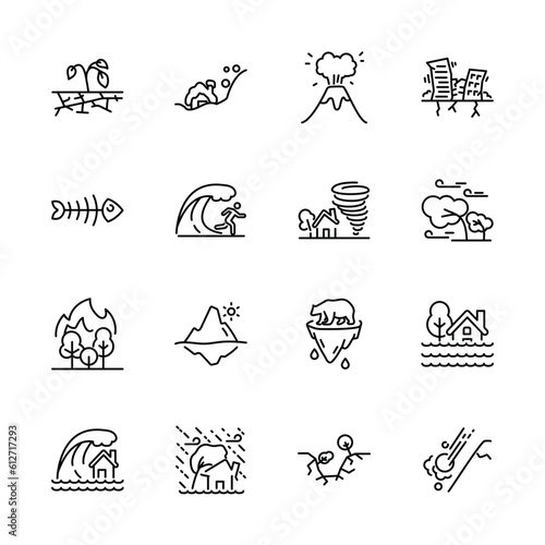 Set of greenhouse effect,  climate change icons, Global warming effect , earthquake, flooding, extreme temperature, ice melting. vector illustration