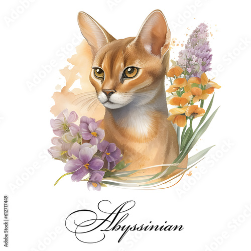 Watercolor illustration of a single cat breed Abyssinian with flowers. AI generated. Watercolor animal collection of cats. Cat portrait. Illustration of Pet. © Берилло Евгения