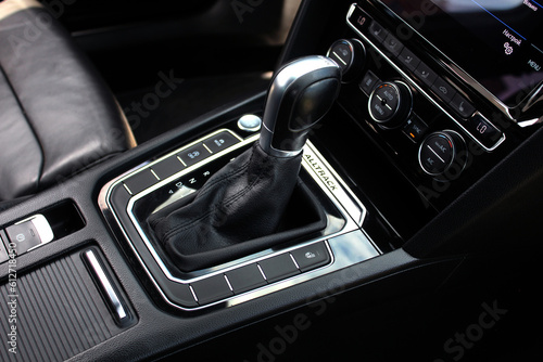 Automatic gearbox shift lever. Close up of the automatic transmission shift lever with luxury.