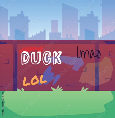 Flat vector illustration of Vandals damaging city building. Someone painted a wall on the street, made graffiti, ruined the property