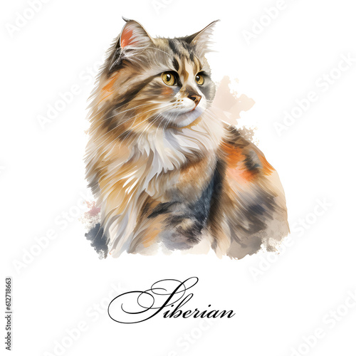 Watercolor illustration of a single siberian cat breed. AI generated. Watercolor animal collection of cats. Cat portrait. Illustration of Pet. © Берилло Евгения