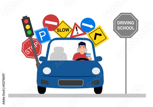 Driving school concept vector illustration. Training car and traffic symbol in flat design on white background.