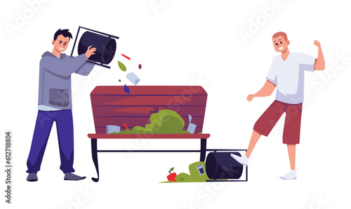 Smiling teens flip trash cans on bench flat style, vector illustration