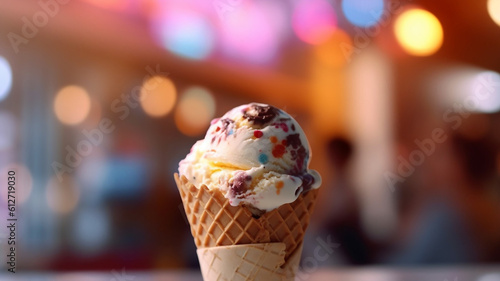 AI generative image delicious ice cream in a cone with a lot of colors and flavours against a bokeh background 