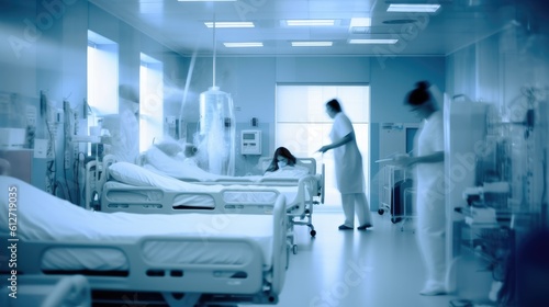 A motion blurred photograph of a hospital interior. Generative AI