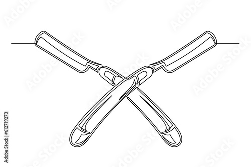 Continuous one line barber razors. Vintage barber razors isolated on a white background. Barbershop concept. Vector illustration