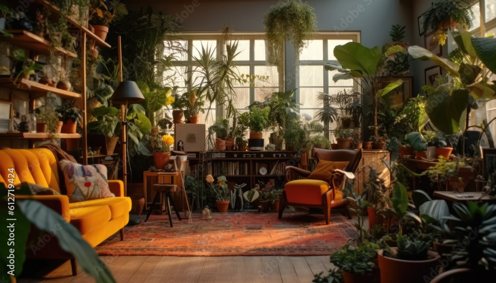 Eclectic interior with midcentury furniture and botanical houseplants. Ai.