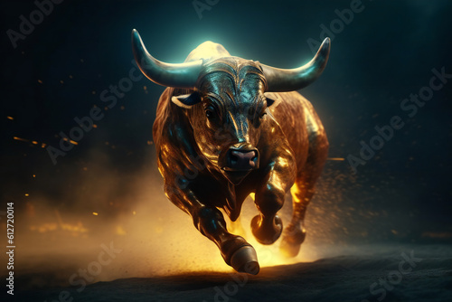 Strong gold bull with big horns running. 3D illustration digital art design, generative AI
